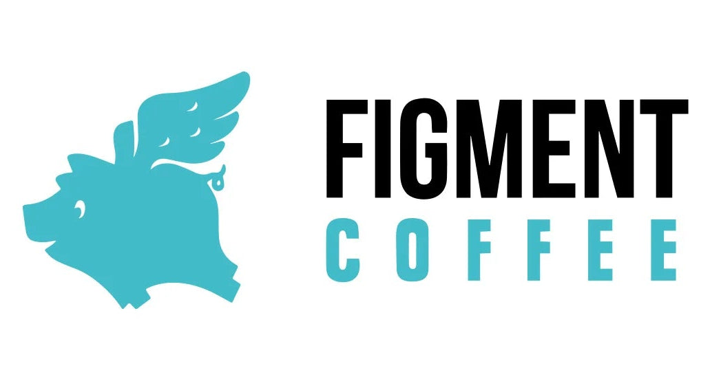 Figment Coffee logo with a blue leaf-like design on a white background